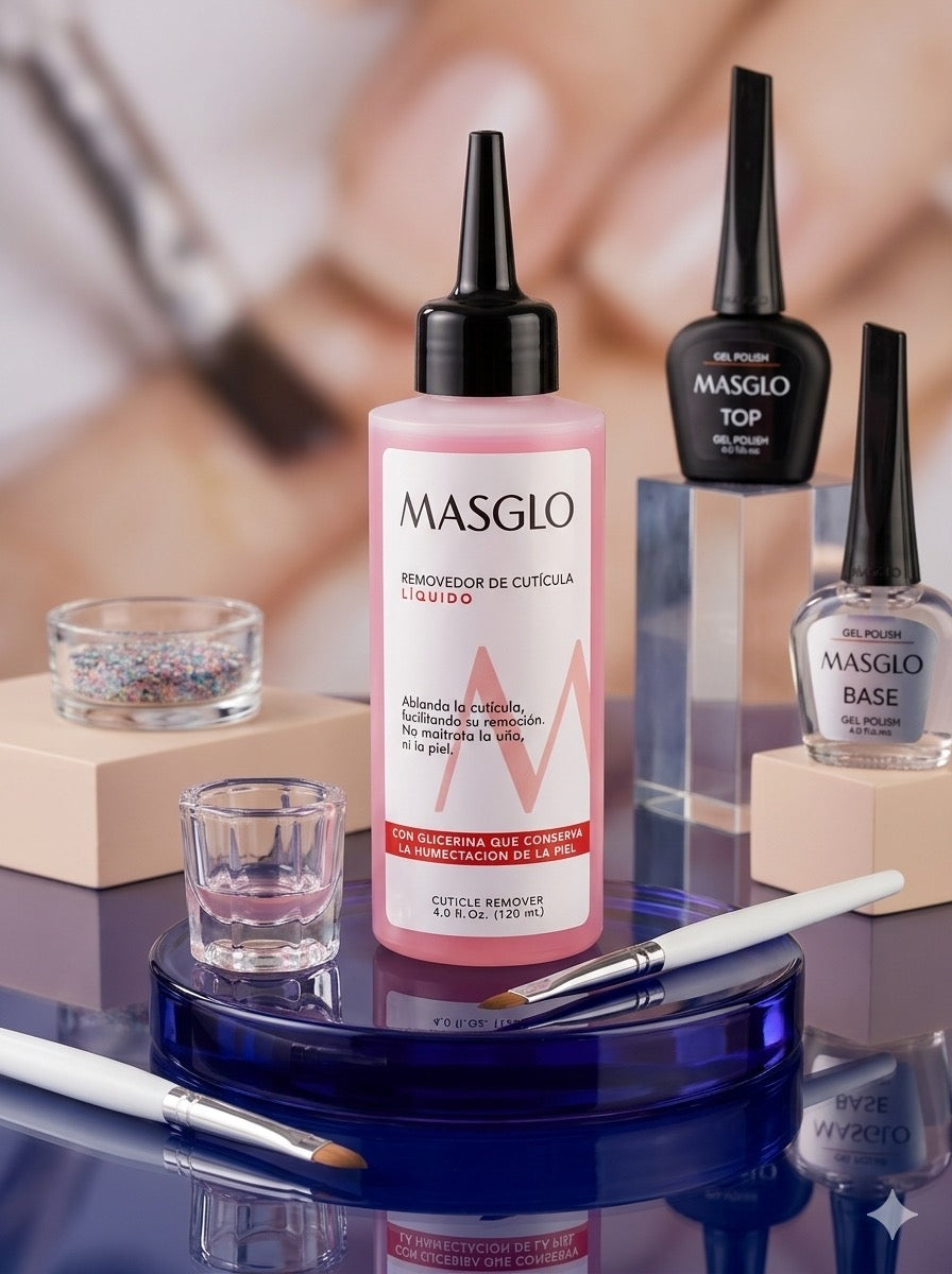 Removedor de cutícula liquido en la marca Masglo de 120ml.